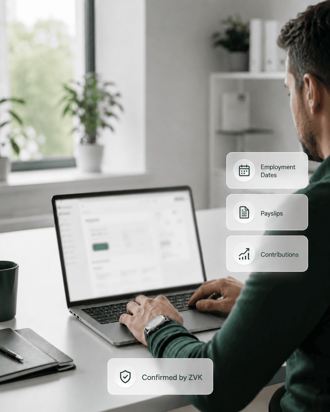 Calculator inputs confirmed by ZVK: employment dates, payslips and contributions