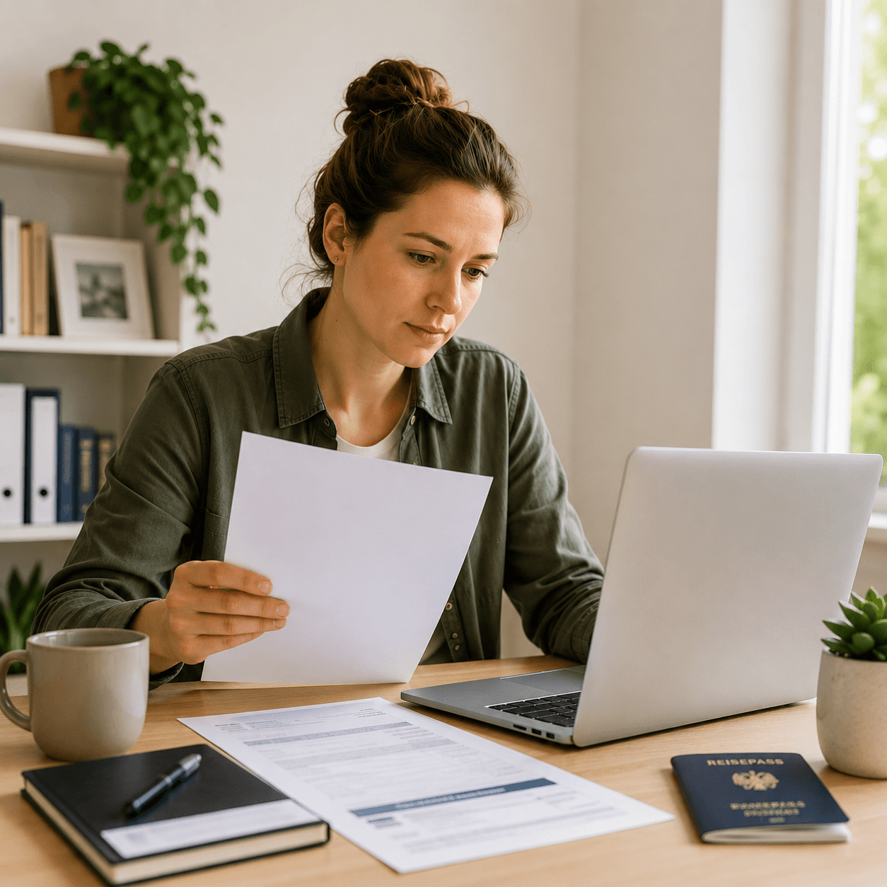 Woman reviewing a pension document beside her laptop and passport