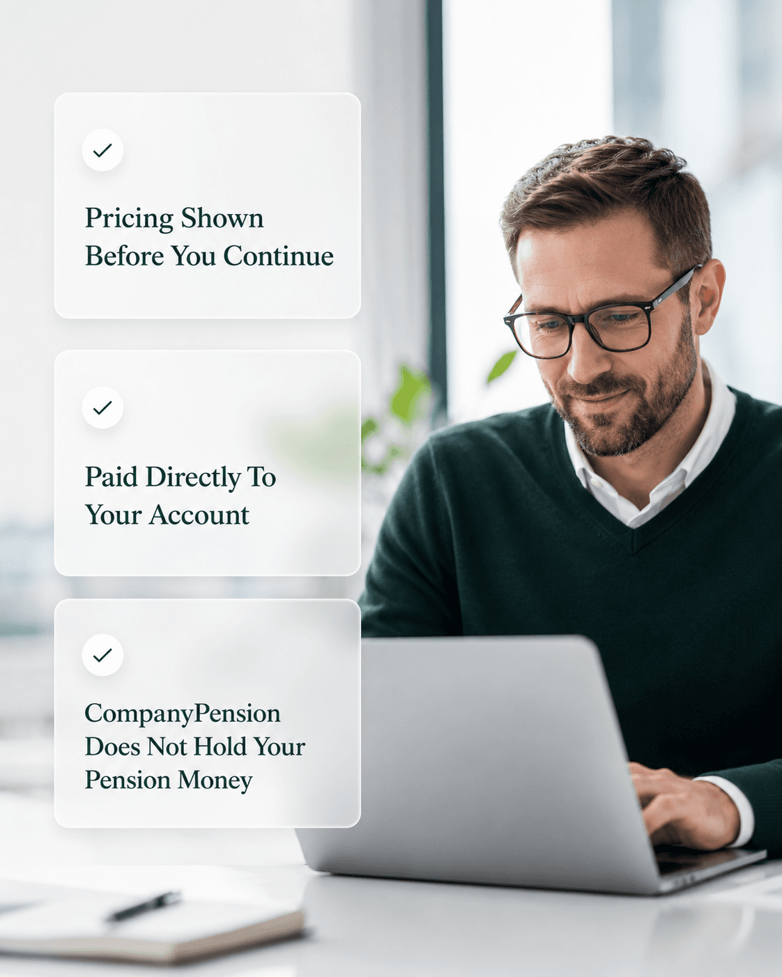 Pricing shown before you continue; approved funds paid directly to your account; CompanyPension does not hold your pension money